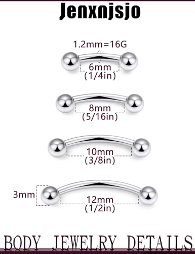 Jenxnjsjo 16g 6/8/10/12mm Silver/Gold/Black Eyebrow/Rook/Snug/Vertical-Labret/VCH/Snake-Eyes/Anti-Tragus/Christina/Daith/Belly-Button/Bridge/Hood/Surface Curved Barbell Piercing Jewelry for Women Men - color: Silver & Rainbow