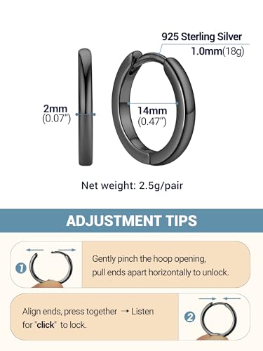 PROSTEEL Huggie Hoop Earrings For Women with 925 Sterling Silver Post | 8/10/12/14/16/18/20mm,14K Gold Plated/Black/Rose Gold/Silver Brass Lightweight Cubic Zirconia Cartilage Piercing Earring - color: 1. Black, size: 14mm