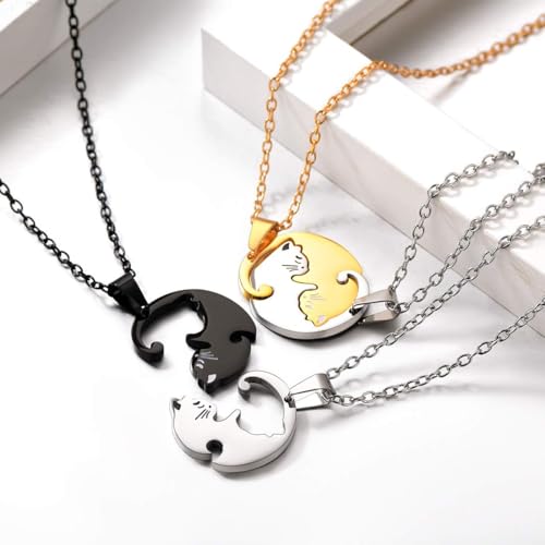 U7 Cat Pendant Necklace for Women Stainless Steel Cute Kitty Cat Jewelry Gift - style: 02-Round Cat Set-Gold+Black(Customized)