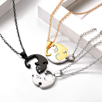 U7 Cat Pendant Necklace for Women Stainless Steel Cute Kitty Cat Jewelry Gift - style: 02-Round Cat Set-Gold+Black(Customized)