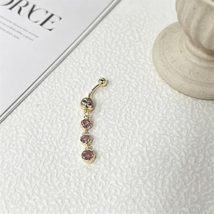 Pink Crystal Dangle Belly Button Rings, 4 Pack 14G Dangling Heart Teardrop Navel Rings Butterfly Belly Piercing Barbell Gold-Plated Summer Body Jewelry
