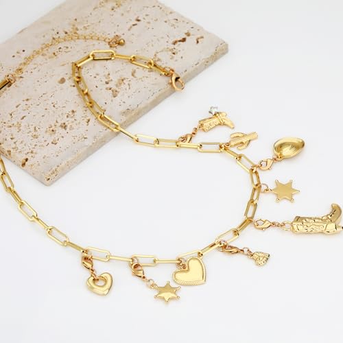 Charm Necklace for Women Gold Evil Eye Sun Moon Flower Coin Pendant Necklace Dainty Paperclip Chain Vintage Luck Amulet Choker Necklaces Celestial Jewelry Gift - style: Detachable- Cowgirl, Boot