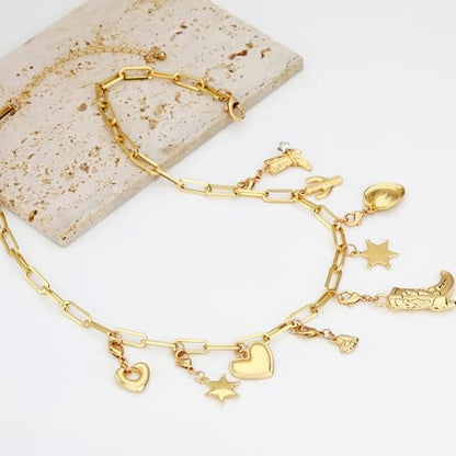 Charm Necklace for Women Gold Evil Eye Sun Moon Flower Coin Pendant Necklace Dainty Paperclip Chain Vintage Luck Amulet Choker Necklaces Celestial Jewelry Gift - style: Detachable- Cowgirl, Boot