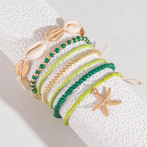 Bohemian Starfish Bracelets for Women - Adjustable Stackable Beach Bracelets, Handmade Stretchy Beaded Summer Jewelry, Perfect for Surf & Waterproof Fun - color: Green