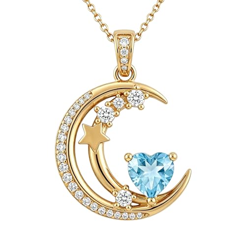 Midari 18K Gold Moon Star Necklace Moon Star Pendant Necklace with 12 Months Birthstones Moons Jewelry Gifts for Women Mom Her - color: 03-March