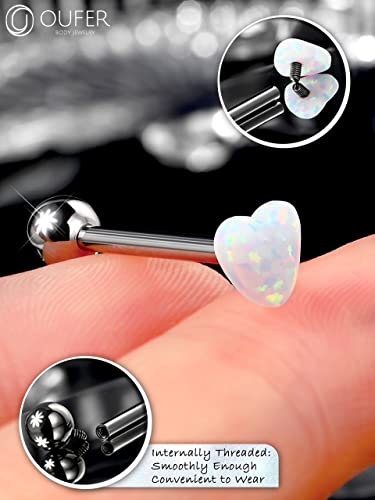 OUFER Titanium Tongue Rings - Heart Piercing Jewelry with White Opal