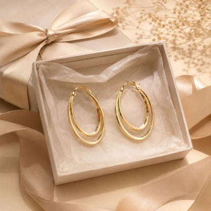 Double Hoop Earrings for Women Double Oval Gold and Silver Tone Statement Hoops for Party Vacation Outfits Birthday Gift - color: A2:gold