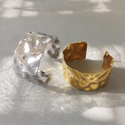 3PCS Gold Chunky Cuff Bracelets for Women Irregular Minimalist Statement Bangle Bracelets Set Open Wide Bangle Arm Cuff Upper Arm Punk Jewelry - color: 3PCS Silver Cuff Bracelets