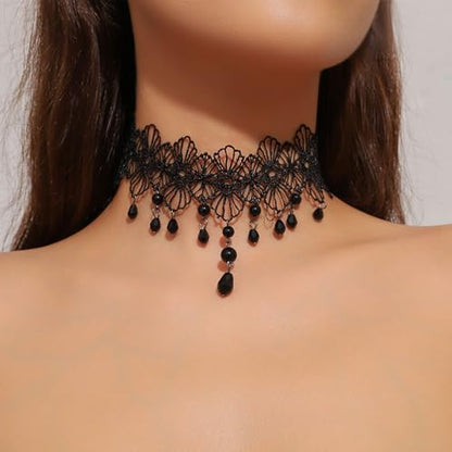 Wide Black Lace Choker Necklace Gothic Lace Pearl Tassel Necklace Short Hollow Flower Tattoo Necklaces Waterdrop Rhinestone Necklaces Halloween Wedding Party Jewelry - style: Style1