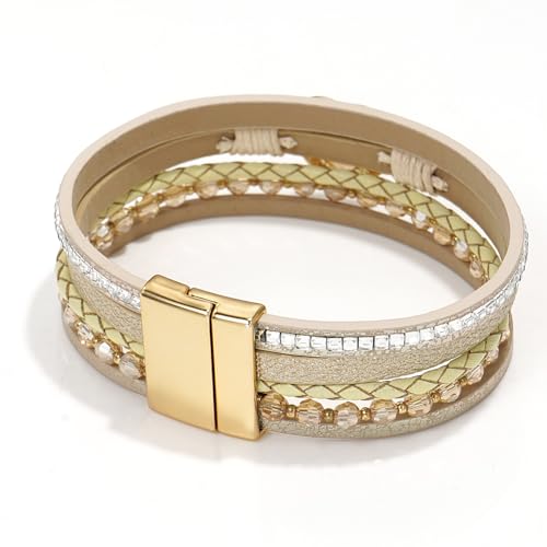 Suyi Multilayer Leather Wrap Bracelet Heart-Shape Wide Bracelets for Women - color: Khaki 2