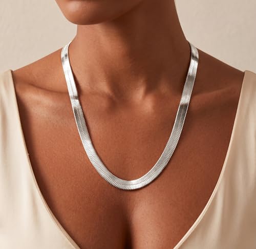 WomenGifts 14K Gold Silver Plated Herringbone Necklace for Women, Dainty Snake Chain Choker, Trendy Simple Long Layered Jewelry Non Tarnish, 3/4/5/8mm,14,16,18,20,22,24,26 Inch Thin & Chunky Options - color: Silver, style: 8mm-18inch