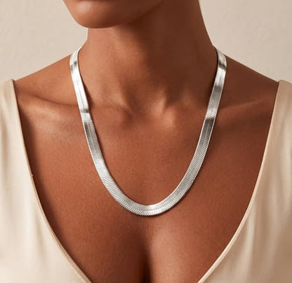 WomenGifts 14K Gold Silver Plated Herringbone Necklace for Women, Dainty Snake Chain Choker, Trendy Simple Long Layered Jewelry Non Tarnish, 3/4/5/8mm,14,16,18,20,22,24,26 Inch Thin & Chunky Options - color: Silver, style: 8mm-18inch