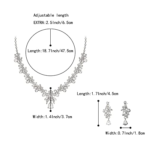 Women's Wedding Jewelry Set Leaf Flower for Bridal Prom Party | Stunning Crystal Teardrop Marquise Cluster Pendant Necklace Dangle Earrings Set for Bride Bridesmaid - color: 04-Clear Silver-Tone