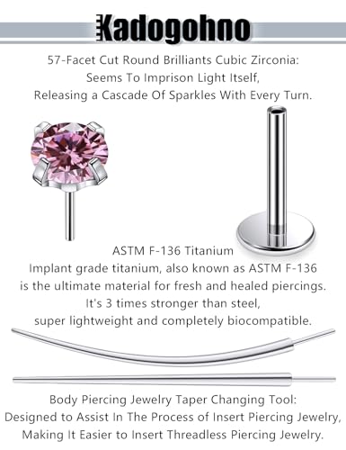 F136 Titanium 20/18/16g Internally Threaded Medusa Monroe Lip Ashley Labret Nose Rings Flat Back Tragus Helix Cartilage Conch Screw Stud Earrings Surgical Steel Piercing Jewelry for Women - color: Pink CZ, size: 16g*5/16in