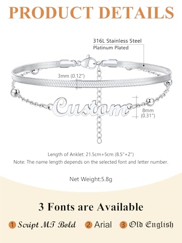 Custom4U Custom Name Anklet Bracelets for Women Waterproof Beaded/Figaro/Cuban/Rope/Wheat Chain Anklet Stackable Gold Plated Non Tarnish Custom Beach Gift Barefoot Summer Jewelry for Her - color: F02-Silver Herringbone Chain