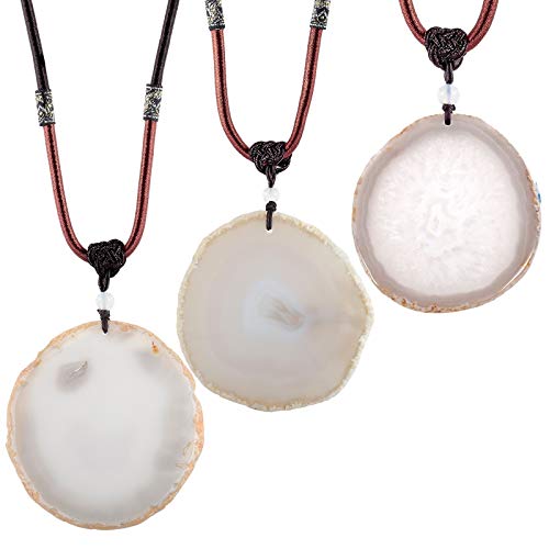 SUNYIK Natural Agate Slice Pendant Necklace for Women Men | Irregular Agate Slice Druzy Geode Pendant Necklace, Adjustable Nylon Rope 17"-29", Boho Healing Crystal Jewelry for Unisex - color: Grey-White
