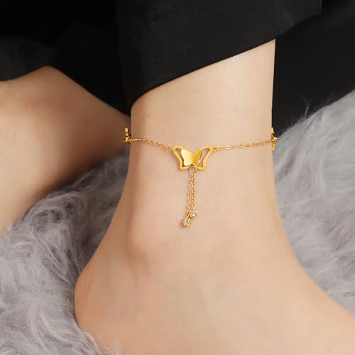 Dainty Gold Anklets for Women Stainless Steel Simple Ankle Bracelets Summer Beach Foot Chain Jewelry Gift - color: Butterfly Tassels