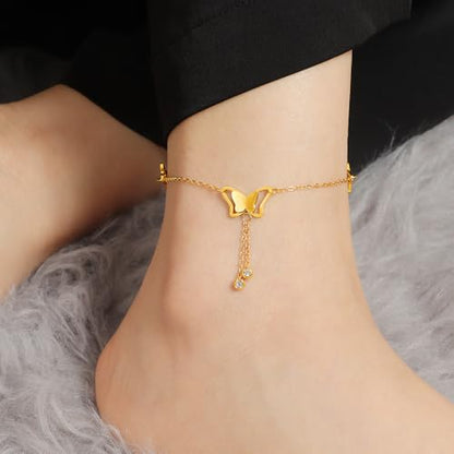 Dainty Gold Anklets for Women Stainless Steel Simple Ankle Bracelets Summer Beach Foot Chain Jewelry Gift - color: Butterfly Tassels