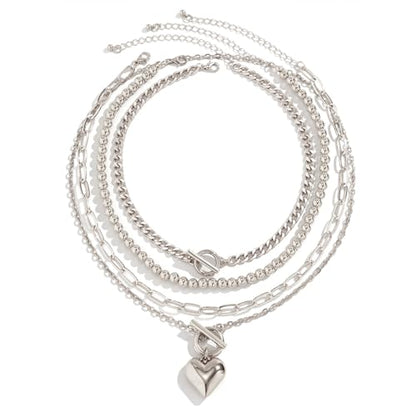 4pcs Layered Gold Necklace for Women NonTarnish Chunky Gold Necklace Retro Coin Heart Pendant Necklace Paperclip Chain Jewelry Set - color: silver