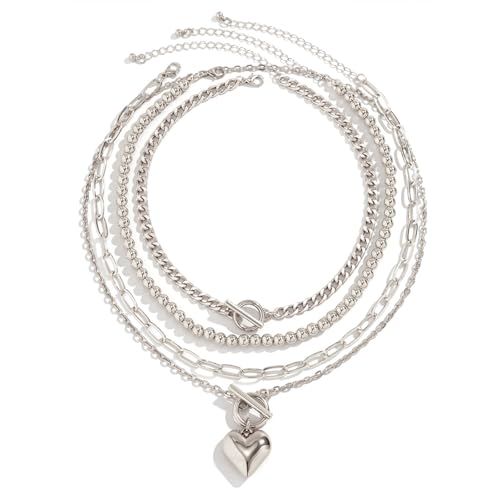 4pcs Layered Gold Necklace for Women NonTarnish Chunky Gold Necklace Retro Coin Heart Pendant Necklace Paperclip Chain Jewelry Set - color: silver