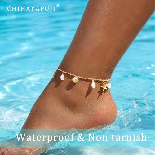 Sterling Silver Ankle Bracelets for Women 14k Gold Plated Waterproof Dainty Layered Stackable Seashell Pearl Charm Non Tarnish Adjustable Anklet for Summer Beach Jewelry Gift - color: Gold3