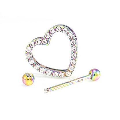 14G Stainless Steel CZ Paved Heart Nipple Rings Nipple Piercing Jewelry for Women 7/8 Inch 22mm - color: Rainbow - Clear CZ