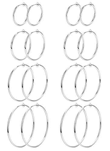 Magitaco 8 Pairs Clip On Hoop Earrings Stainless Steel Clip On Earrings for Women Fake Hoop Earring Spring Hoop Earring For Non-Pierced Ears - color: B:Sliver Tone