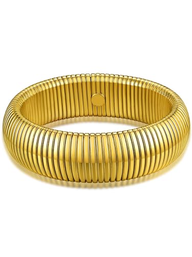 KeyStyle Bangle Bracelets For Women, Stainless Steel Stretch Bracelet Wide | 14K Gold/Rose Gold/Black/Silver Plated Flexible Wide Twisted Link Chain Wristband Jewelry, 10Mm, 16Mm, 20Mm - color: 20mm - Gold