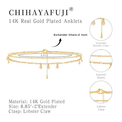 Sterling Silver Ankle Bracelets for Women 14K Gold Waterproof Layered Braided Chain Knot Charm Stackable Adjustable Non Tarnish Nickel Free Anklets Bracelet for Summer Beach Jewelry - color: goldD