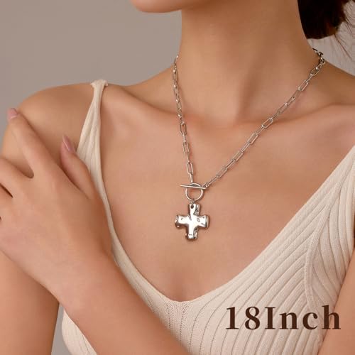 Joxevyia Gold Cross Necklace for Women Hammered Cross Pendant Toggle Clasp Paperclip Chain Statement Choker Bold Faith Jewelry Gift - color: silver cross necklace, size: 16 inches