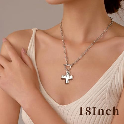 Joxevyia Gold Cross Necklace for Women Hammered Cross Pendant Toggle Clasp Paperclip Chain Statement Choker Bold Faith Jewelry Gift - color: silver cross necklace, size: 16 inches