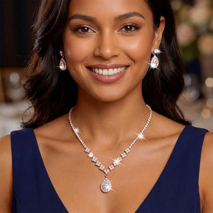Unicra Bride Crystal Necklace Earrings Set Bridal Wedding Jewelry Sets Rhinestone Choker Necklace Prom Costume Jewelry Set for Women and Brides - color: Rose Gold