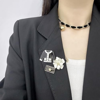 Elegant Flower Imitation Pearl Brooch Pin Set Retro Enamel Coat Bag and Camellia Lapel Collar Brooches Pins Fashion Birthday Business Jewelry for Women Dress Suit Sweater Shirt Badge Accessory 3Pcs - color: Black