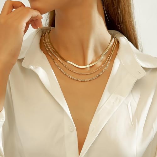 wgoud Gold Necklace for Women Waterproof,14K Real Gold Plated Herringbone Choker Necklace for Women Trendy, Dainty Gold Chain Necklaces Stack,Simple Layered Gold Necklaces for Women Jewelry Gifts - color: 3Pcs Gold Necklace