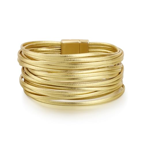 Edoneery Leather Wrap Bracelets for Women, Boho Layered Cuff Bangle | Gold circle, Multi-layer Leather Cuff, Daily wear, Stackable Bangle, Easy on-off, Western Jewelry Gifts for Women - color: Gold-6