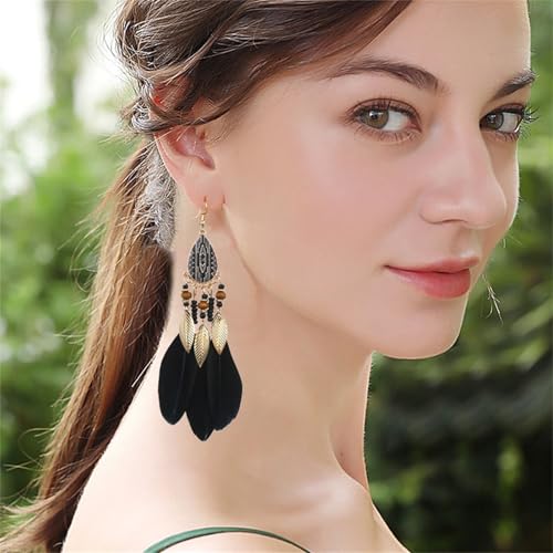 Dreuyet Boho Long Feather Drop Dangle Earrings for Women Retro Bohemian Ethnic Fringe Multicolor Tassel Feather Earring Handmade Statement Dream Catcher Earrings Jewelry - color: Black Teardrop