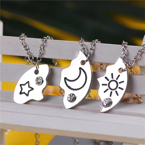 3pcs Friendship Moon Sun Star Puzzle Matching Necklace Set Gold Silver Plated Cute Crescent Round Circle Geometric Best Friend BFF Pendant Necklace for 3 Women Sisters Daughter Birthday Jewelry Gifts - color: Silver