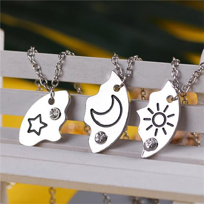 3pcs Friendship Moon Sun Star Puzzle Matching Necklace Set Gold Silver Plated Cute Crescent Round Circle Geometric Best Friend BFF Pendant Necklace for 3 Women Sisters Daughter Birthday Jewelry Gifts - color: Silver