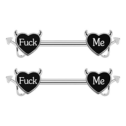 Letter Nipple Ring 14G 316L Surgical Steel Nipple Barbell Heart Shape Devil Body Piercing Jewelry for Women Men - color: black F