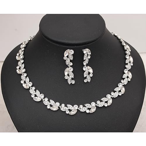 QLLYHLH Woman’s Brides Bridesmaid Leaf Choker Necklace Dangle Earrings Link Bracelet Austrian Crystal Wedding Jewelry Set Prom Costume Party Events | Brides, Bridesmaid, Prom, Events, Costume Party, Leaf - color: White-Platinum Plated