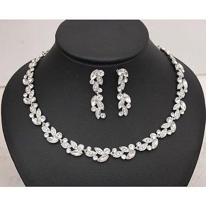 QLLYHLH Woman’s Brides Bridesmaid Leaf Choker Necklace Dangle Earrings Link Bracelet Austrian Crystal Wedding Jewelry Set Prom Costume Party Events | Brides, Bridesmaid, Prom, Events, Costume Party, Leaf - color: White-Platinum Plated