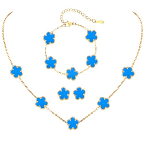 FLY FEI 18K Gold-Plated Four Leaf Clover Bracelet for Women,Adjustable lucky Bracelet Set Jewelry Gift-Hypoallergenic Charm for Birthdays, Wellness & Daily Wear - color: style07-blue set(3pcs)