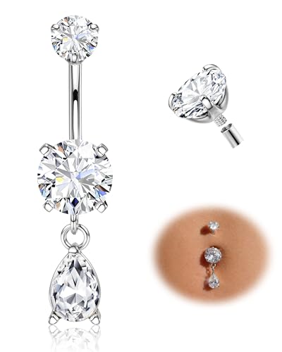 Tungary G23 Titanium Belly Button Rings for Women 14G Internally Threaded | Hypoallergenic Long Navel Piercing Jewelry, 3/8" Implant Grade Dangle Belly Button Piercing, 5A CZ, with Vacuum PVD Finish - color: Drop: Titanium Silver