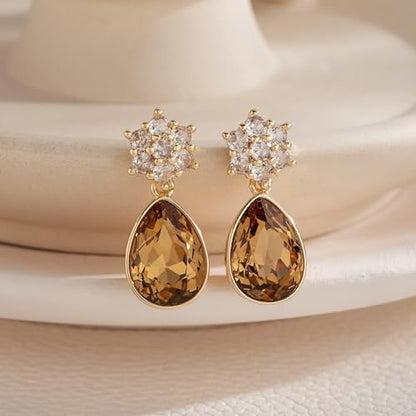 Elegant Austrian Crystal Teardrop Dangle Earrings for Women,14K Gold Plated Flower Drop Earrings Jewelry Gift for Birthday Wedding Anniversary - color: Light Topaz