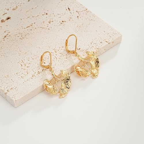 Sylph Large Gold Earrings for Women, Chunky Gold Statement Drop Dangle Earring Maple Leave Ginko Leaf Jewelry Gifts - style: Middle Ginko Leaf Earrings