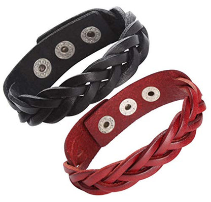 CCBFY Genuine Leather Bracelet Braided Sporty Wide Wristband Punk Jewelry for Men Women - color: Set of 2 - Black + Wine Red