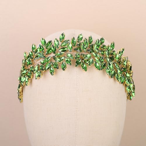 Missgrace Women Silver Green Black Red Blue Handmade Full Crystal Rhinestone Large Headband Hair Vine Shinny Headpiece Bridal Wedding Hair Accessories for Women (Green) - color: Green