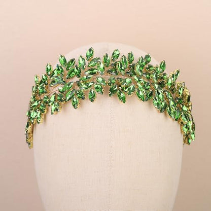 Missgrace Women Silver Green Black Red Blue Handmade Full Crystal Rhinestone Large Headband Hair Vine Shinny Headpiece Bridal Wedding Hair Accessories for Women (Green) - color: Green