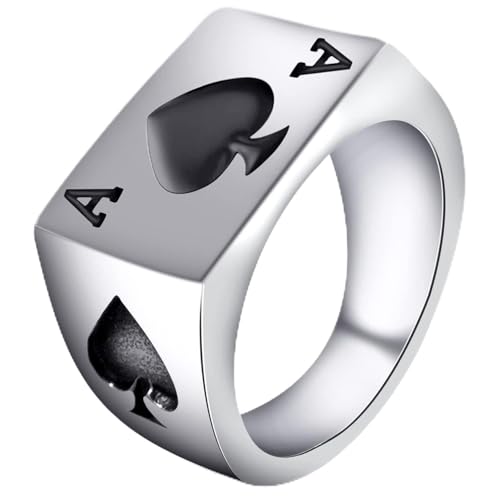 Men's Stainless Steel Square Biker Signet Ring, Black Silver Gold Styles | plain flat top, polished and brushed finish options, chunky profile, pinky or thumb styling, gift-ready for dad or him - color: Spade Ace