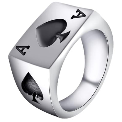 Men's Stainless Steel Square Biker Signet Ring, Black Silver Gold Styles | plain flat top, polished and brushed finish options, chunky profile, pinky or thumb styling, gift-ready for dad or him - color: Spade Ace